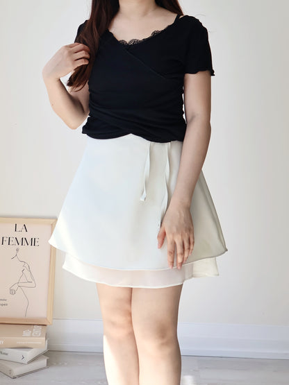 Elegant Lace Trim Layered Wrap Top(Black)