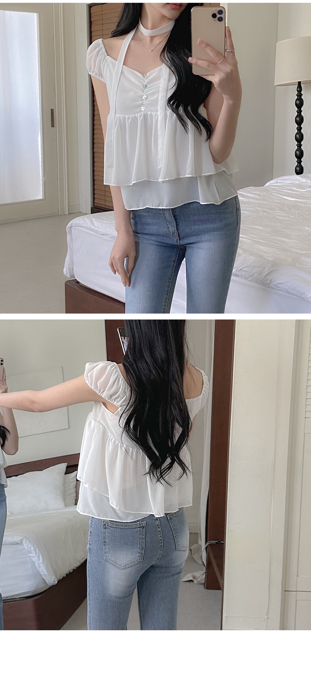 2-Way Flowy Tiered Puff-Sleeve Chiffon Blouse(3 Colors)
