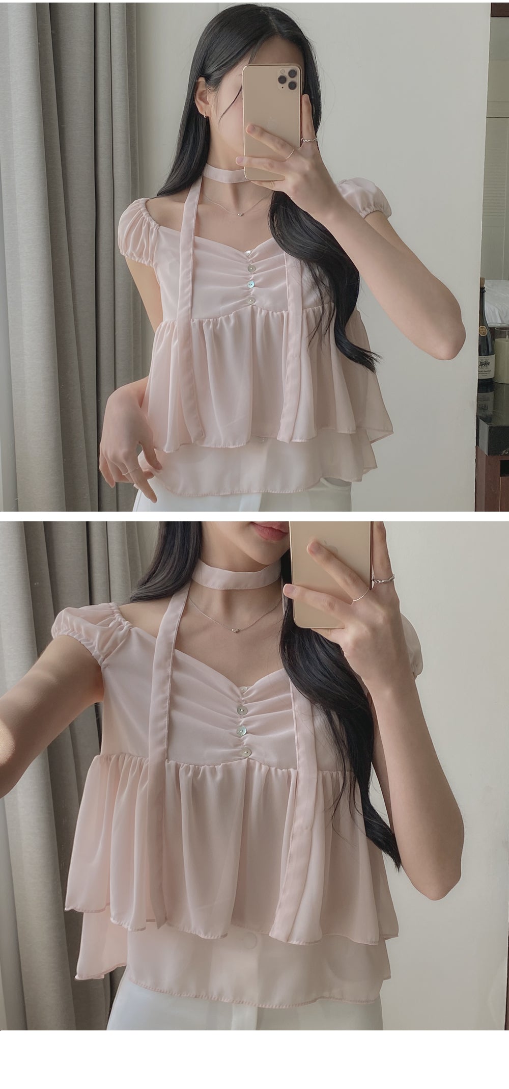 2-Way Flowy Tiered Puff-Sleeve Chiffon Blouse(3 Colors)