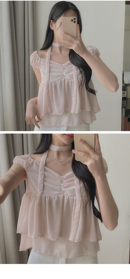 2-Way Flowy Tiered Puff-Sleeve Chiffon Blouse(3 Colors)