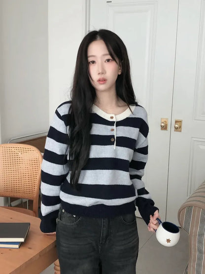 [5% Wool] Henley Neck Two-Tone Striped Sweater(4 colors)