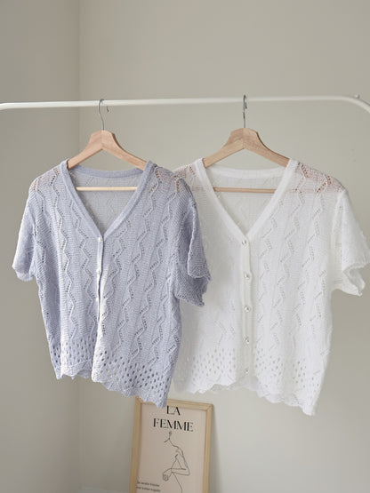Romantic V-Neck Pointelle Pearl-Button Knit Top(Ivory)