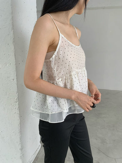 French Polka Dot Sheer Panel Tencel Cami Top(2 colors)
