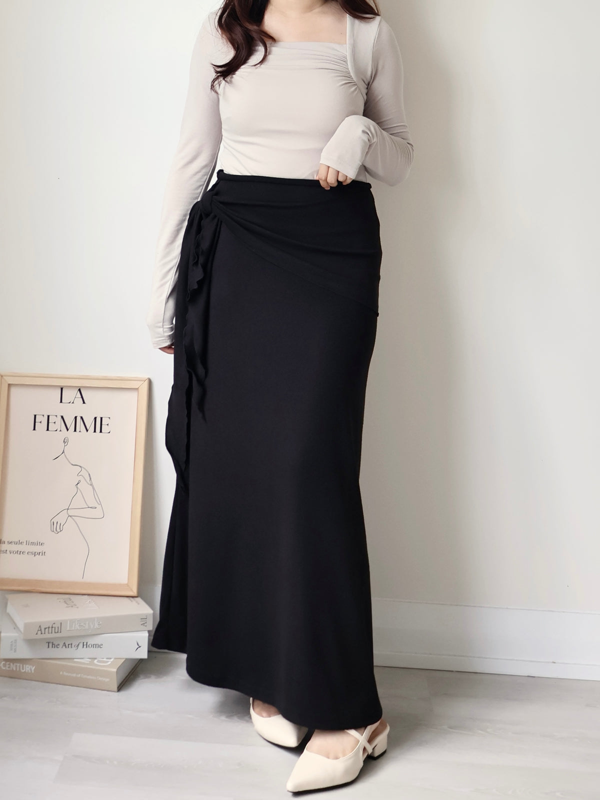 Square-Neck Pleated High-Stretch Top(Beige)