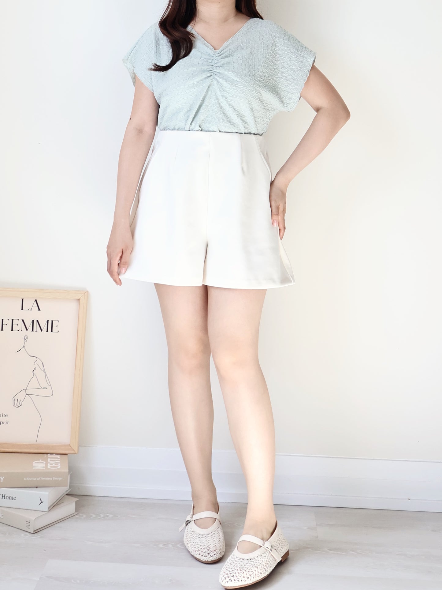 [Wrinkle-Free] V-Neck Waffle Arm-Concealing Top(Mint)