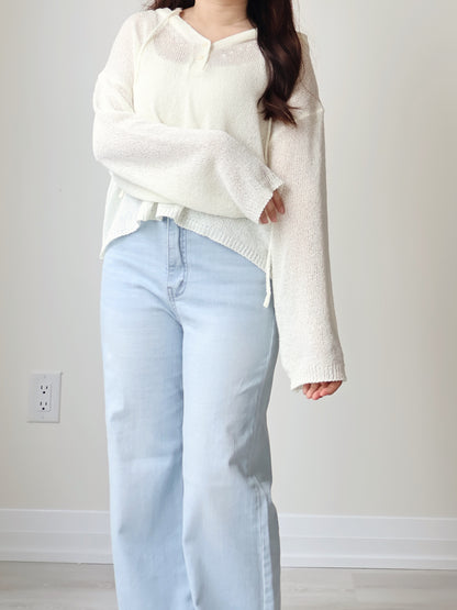 Relaxed 2-Button Hooded UV knit Top(Ivory)