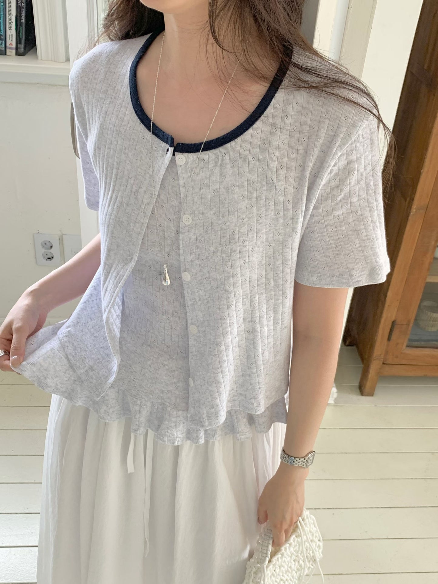 Contrast-Trim Ruffle Cotton Two-Piece Set(4 Colors)
