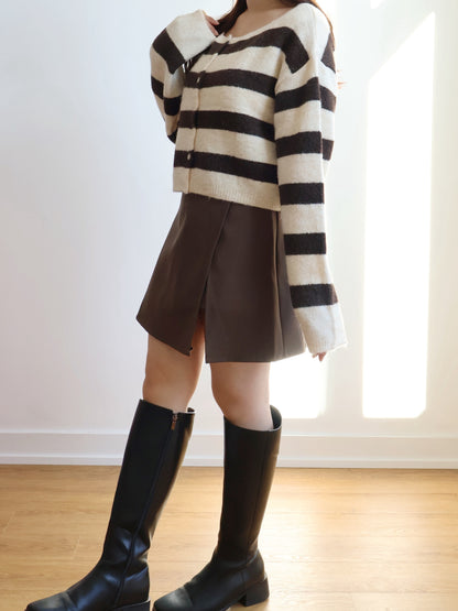 [10% WOOL] Raccoon Striped Cardigan(Coffee)