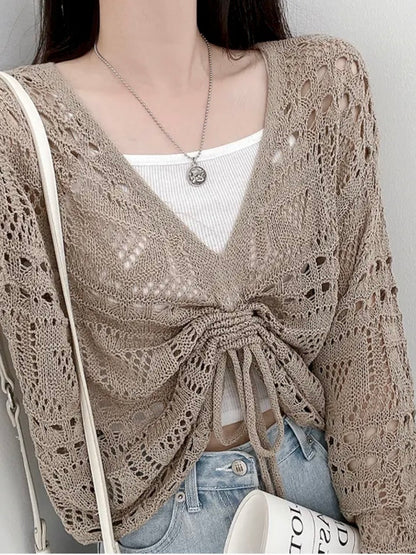 Relaxed V-Neck Drawstring Pointelle Knit Top(5 colors)