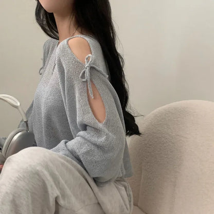 Ribbon Tie Open-Shoulder Knit Top(5 colors)