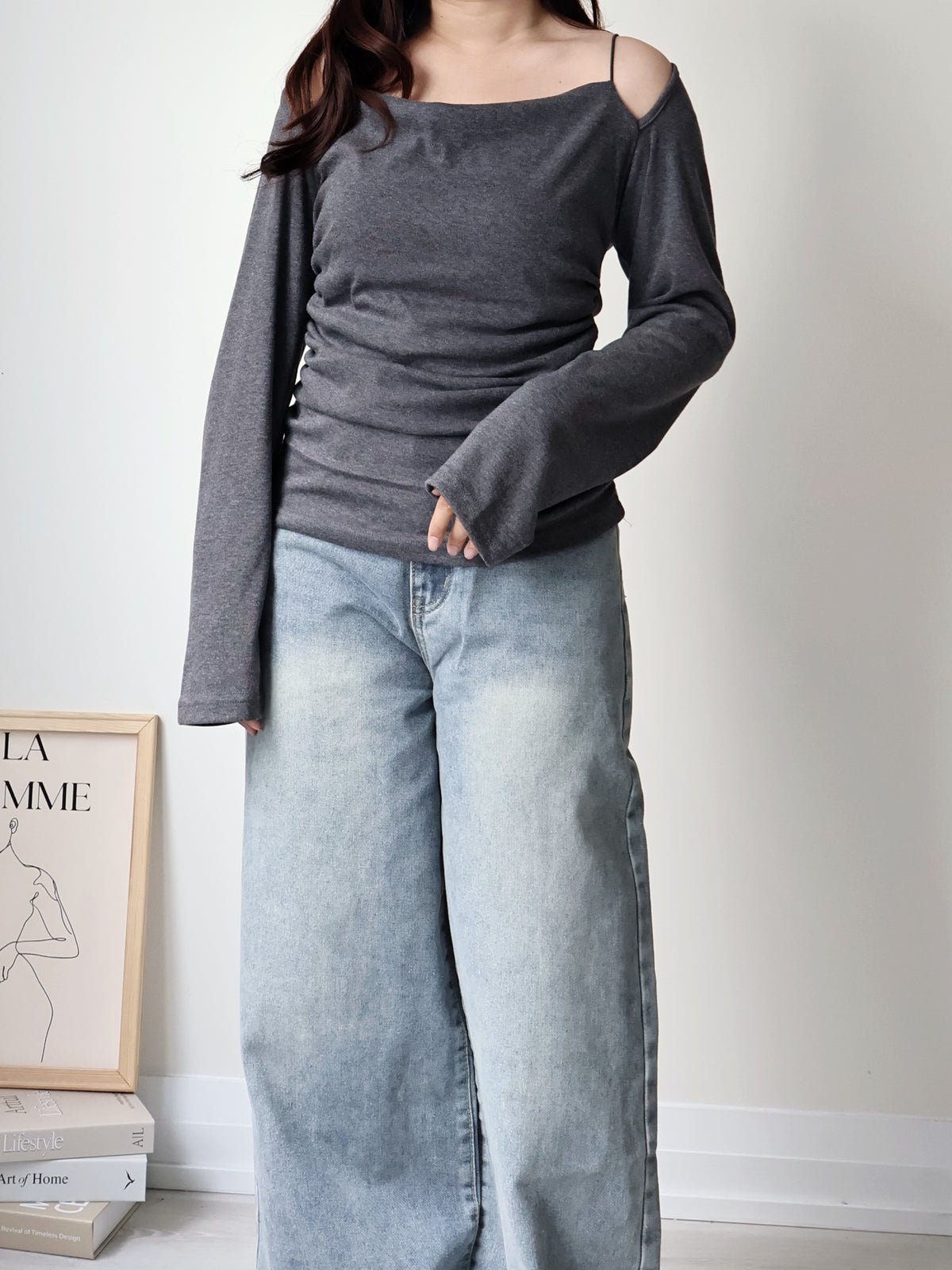2-Way Draped Neck Strap Off-Shoulder Top(Charcoal)