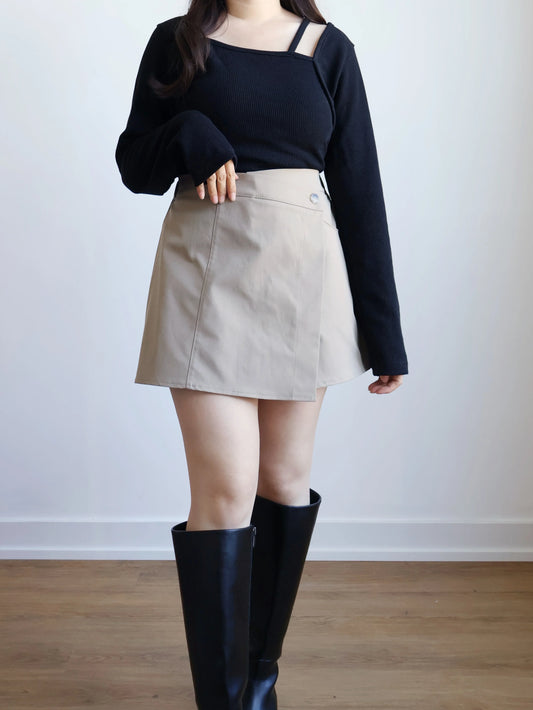 Ribbed Asymmetrical String T-shirt(Black)