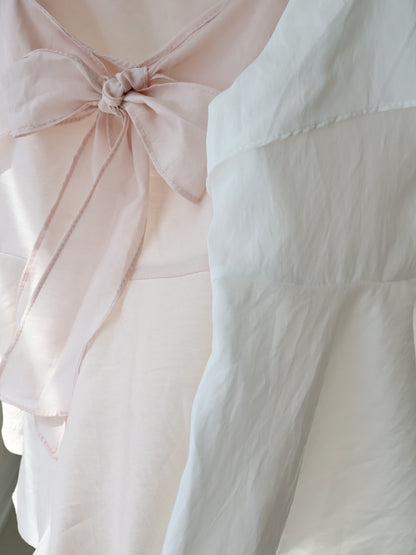 French Tie-Wrap Silky Swing-Hem Blouse(Peach)