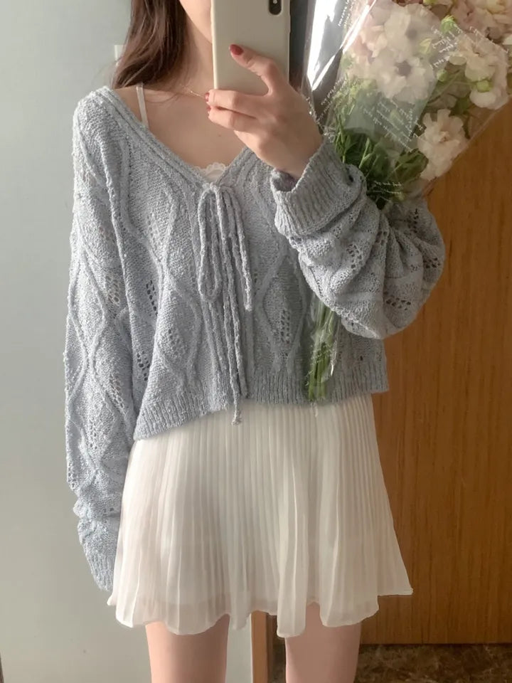 V-Neck Pointelle Tie-Front Knit Cardigan(5 colors)
