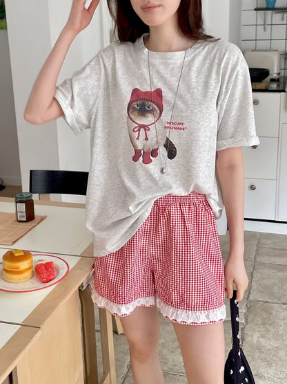 Oversized 50% Cute Cat Graphic Cotton T-Shirt(3 Colors)