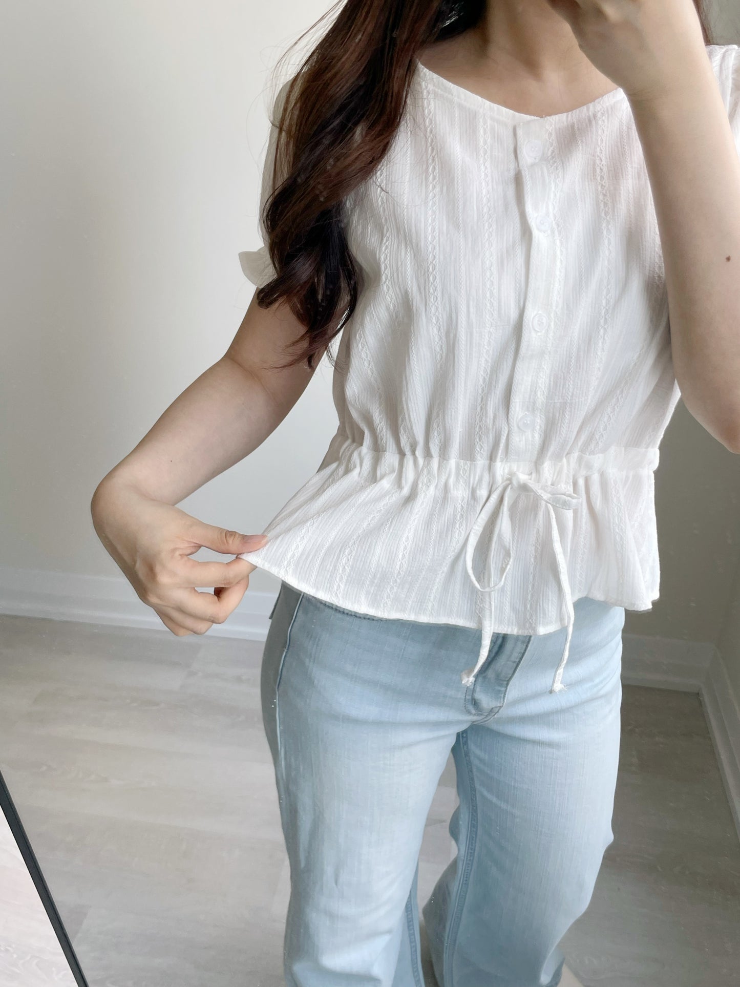 Frenchy Jacquard Cinched-Waist Cotton Blouse(2 Colors)