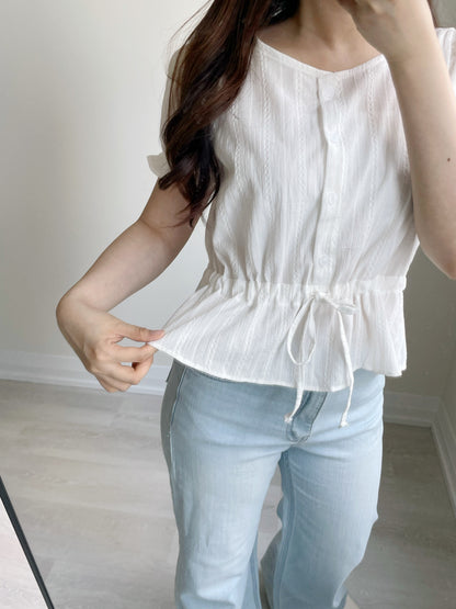 Frenchy Jacquard Cinched-Waist Cotton Blouse(2 Colors)