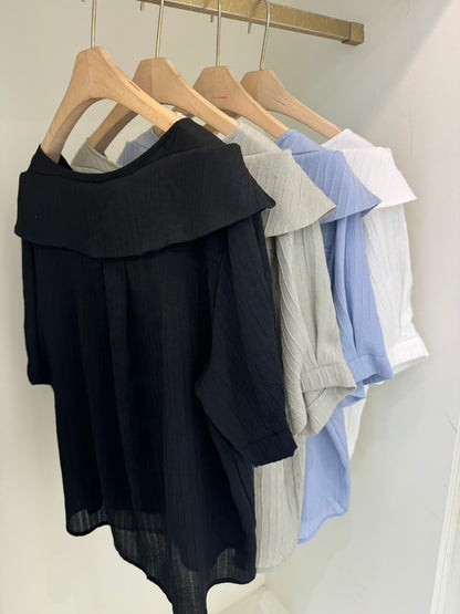 [Wrinkle-Free] Lapel Button-Front Textured Mid-Sleeve Blouse(4 colors)