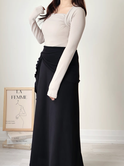 Square-Neck Pleated High-Stretch Top(Beige)