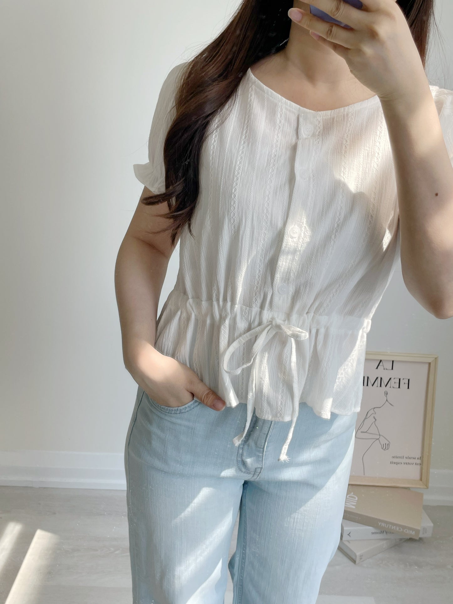 Frenchy Jacquard Cinched-Waist Cotton Blouse(2 Colors)