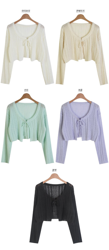 Romantic Ribbon Pointelle Knit Cropped Cardigan(5 colors)
