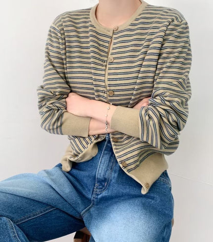Stripe Round Neck Cardigan(4 colors)