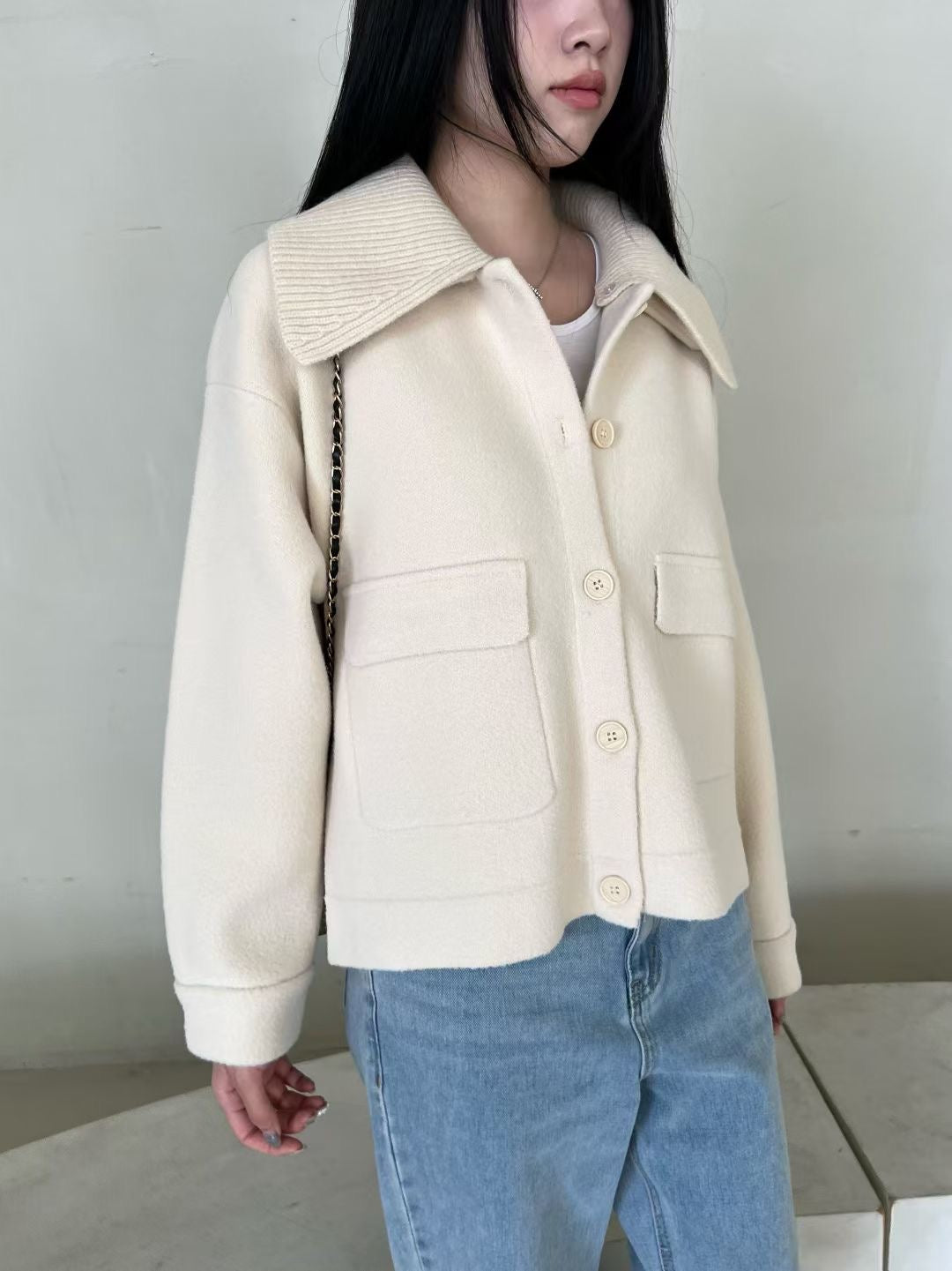 [10% Wool] Detachable Knit-Collar Jacket with Double Pockets(2 Colors)