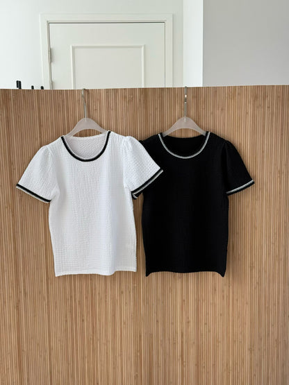 [Wrinkle-Free] Classic Coco Contrast Trim Top(2 Colors)