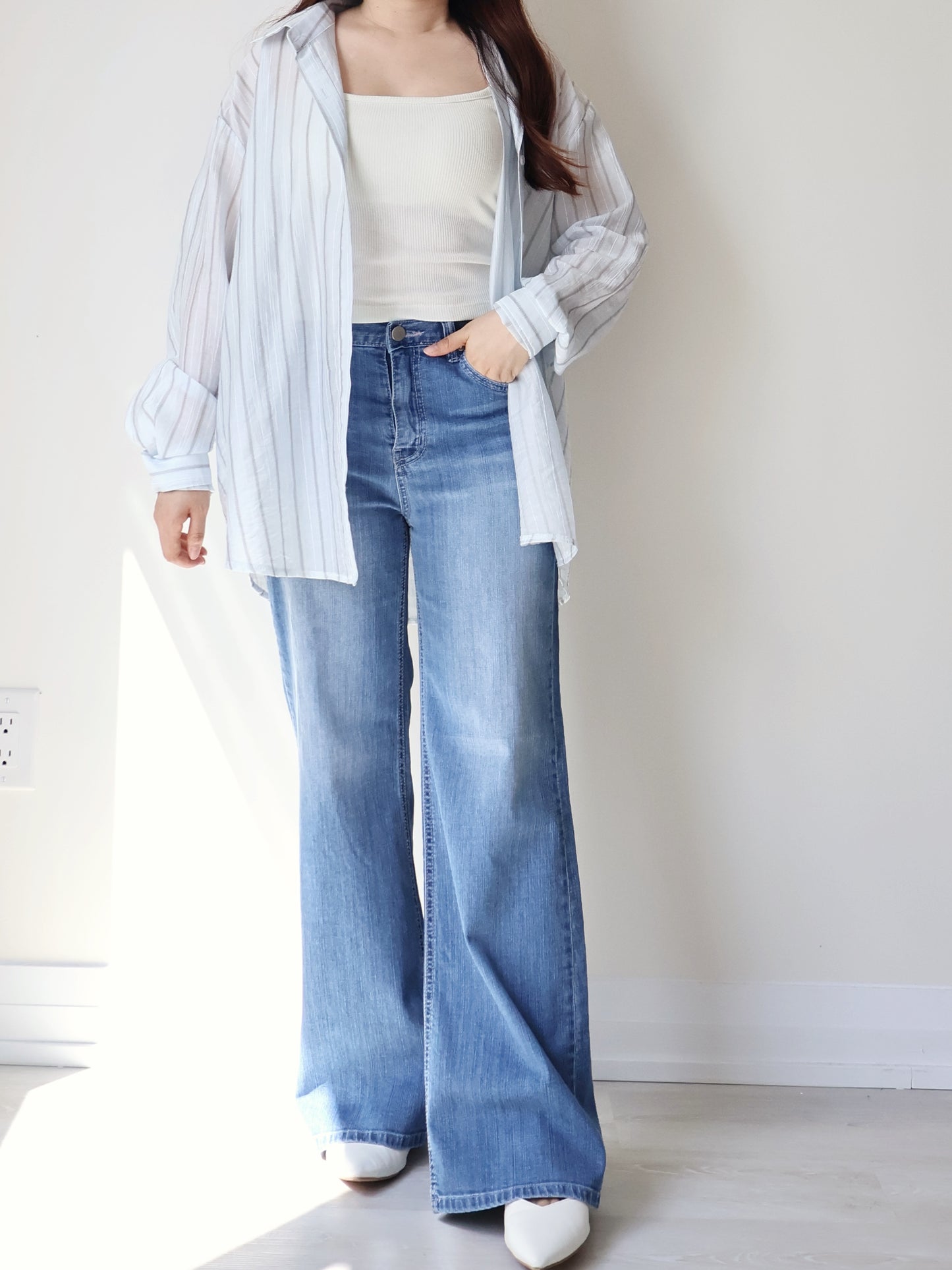 [Wrinkle-Free] Airy Sun-Protective Tencel Striped Shirt(Misty Blue)