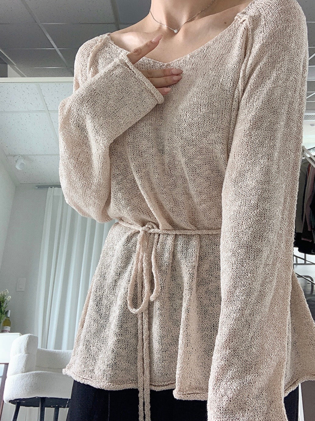 Boat Neck Strap Loose Fit Knit Top(4 colors)