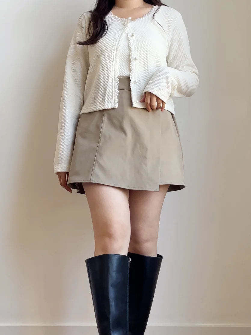 Elegant Pearl Button Lace Trim Two-Piece Set(Ivory)