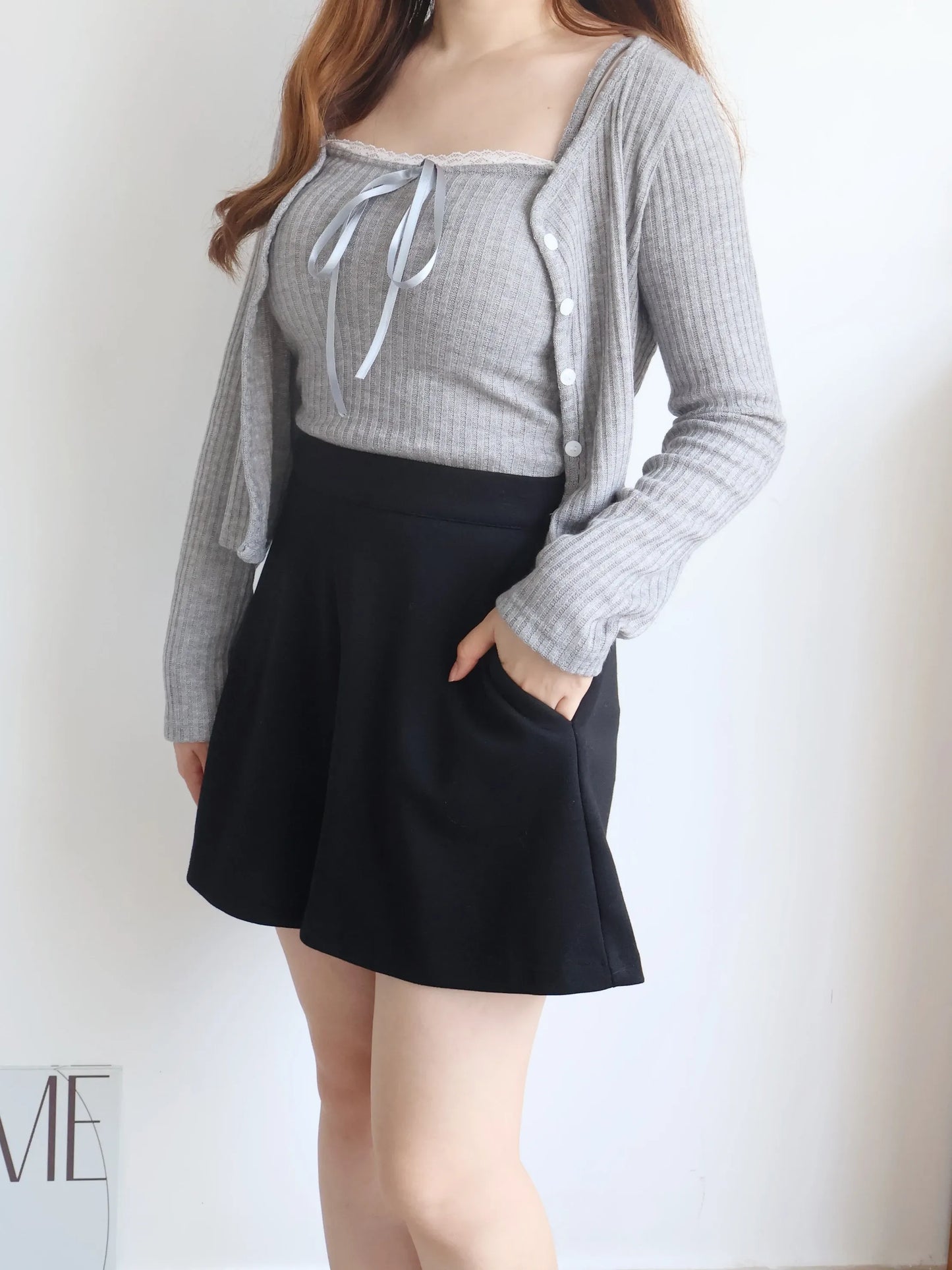 [2-Piece Set] Romantic Balletcore Lace Cami & Cardigan Set(Grey)