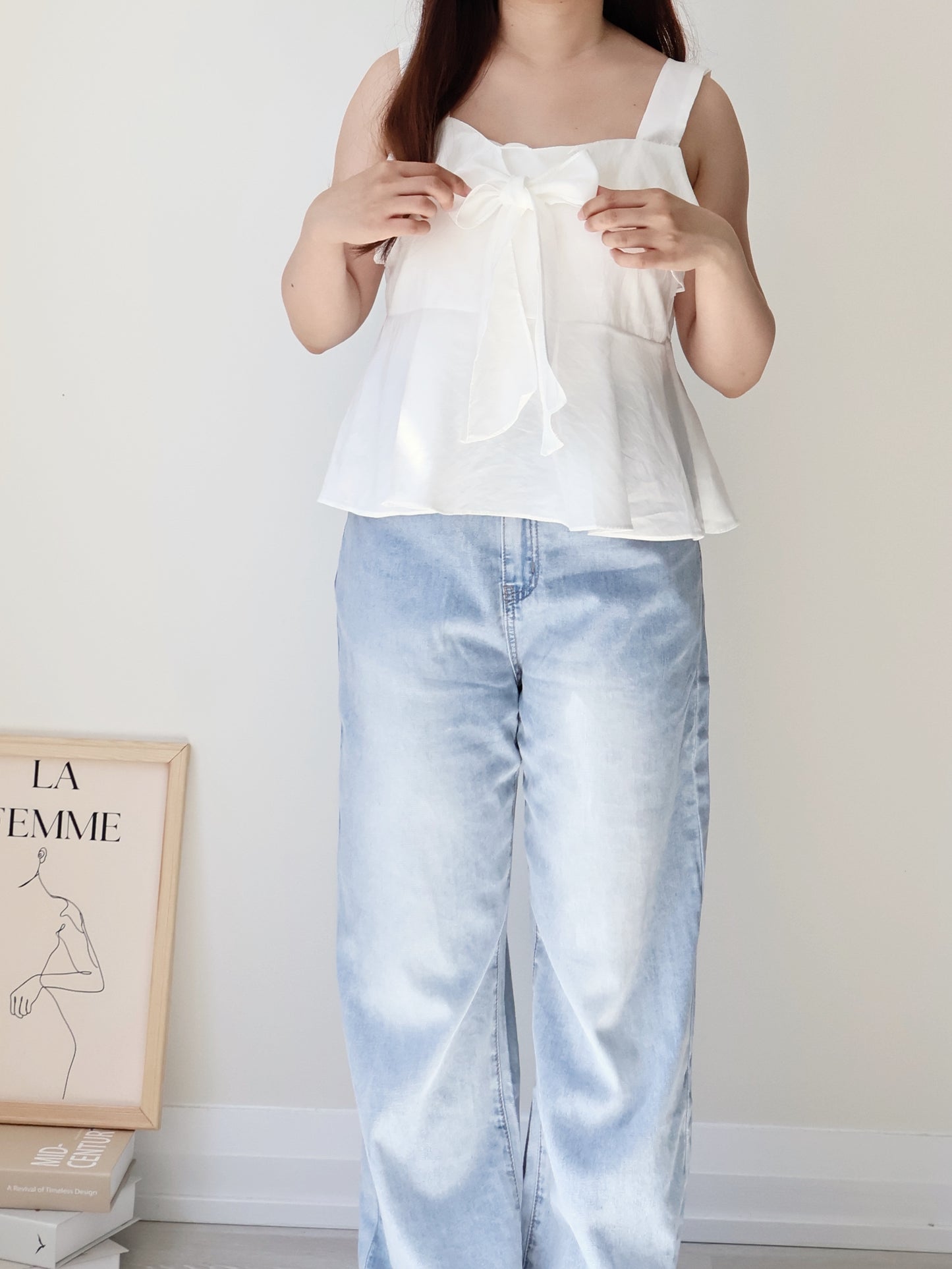 French Tie-Wrap Silky Swing-Hem Blouse(Ivory)