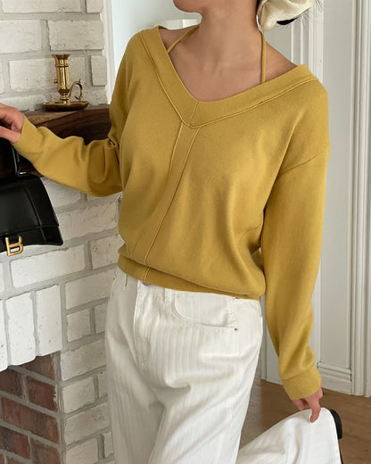 V-Neck Lazy Vibe Halter Sweater(4 colors)