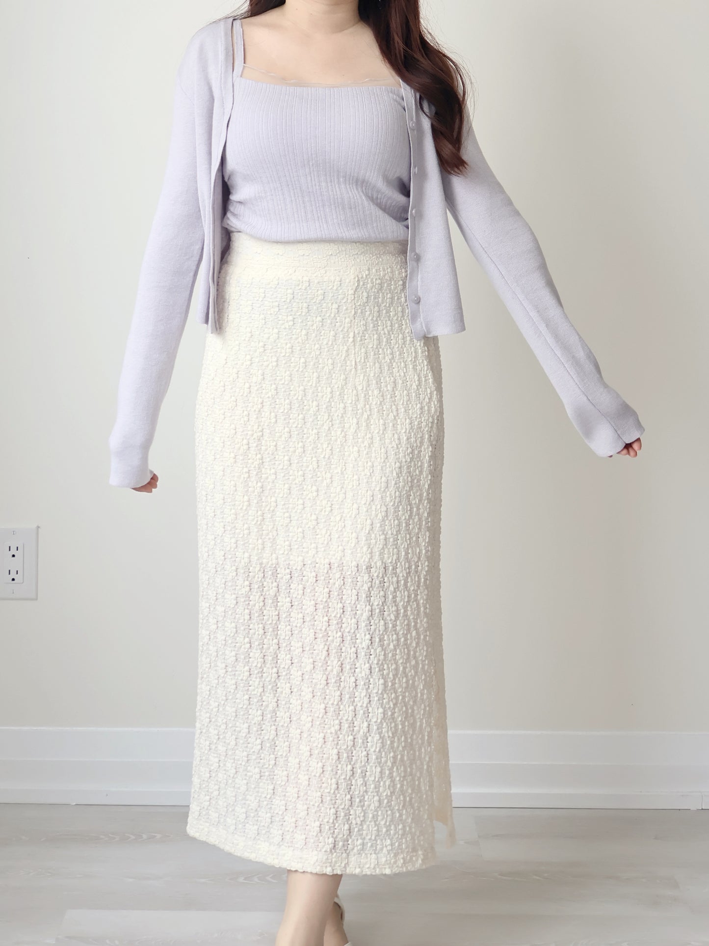 [2-Piece Set] Romantic Semi-Sheer Padded Camisole with Ultra-Soft Cardigan(Lavender)