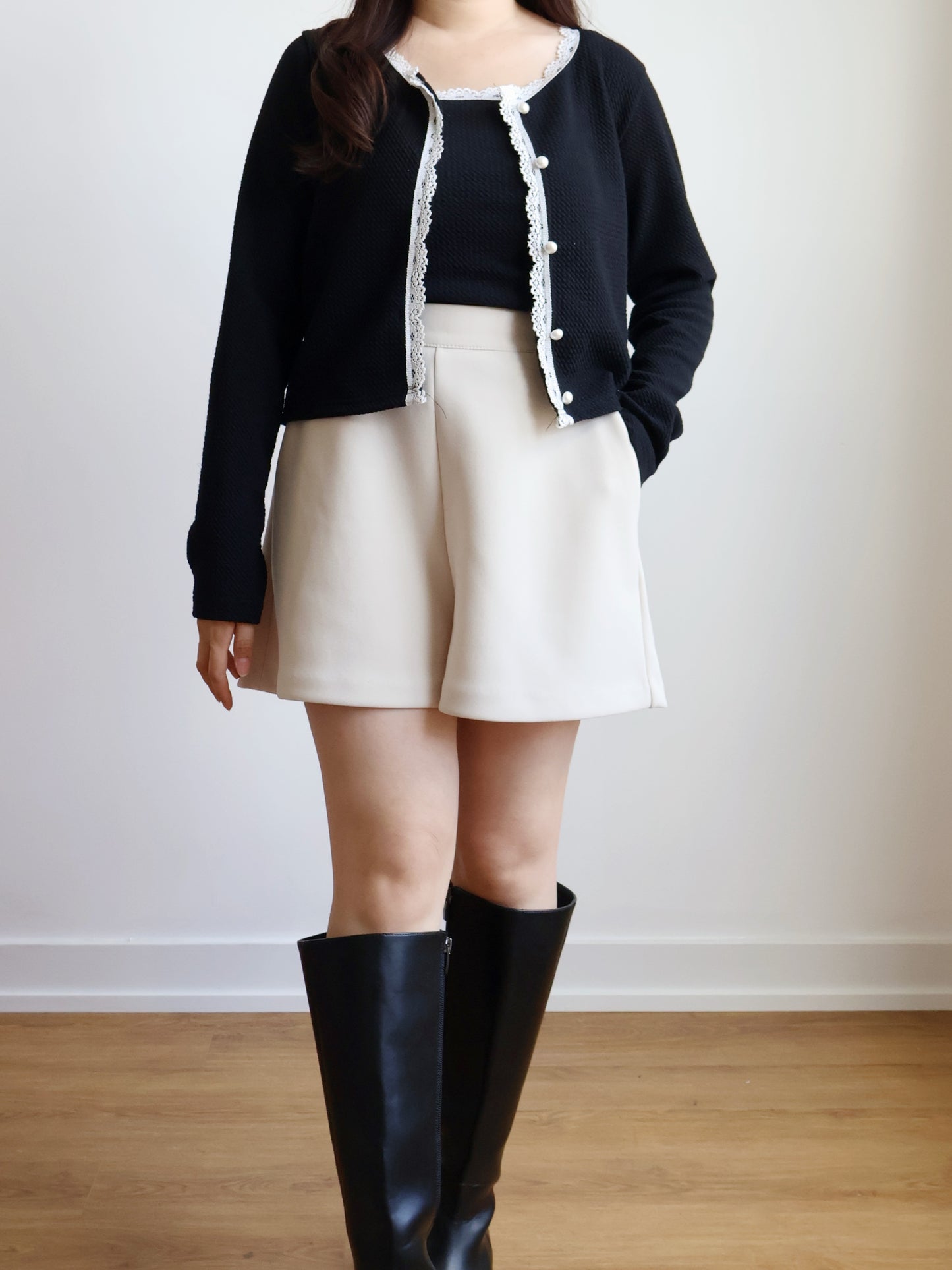 Elegant Pearl Button Lace Trim Two-Piece Set(Black)