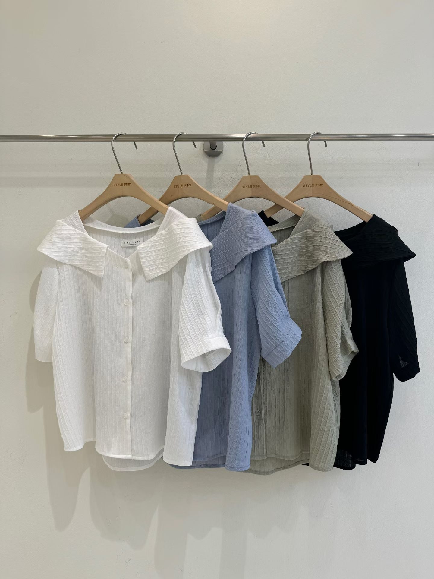 [Wrinkle-Free] Lapel Button-Front Textured Mid-Sleeve Blouse(4 colors)