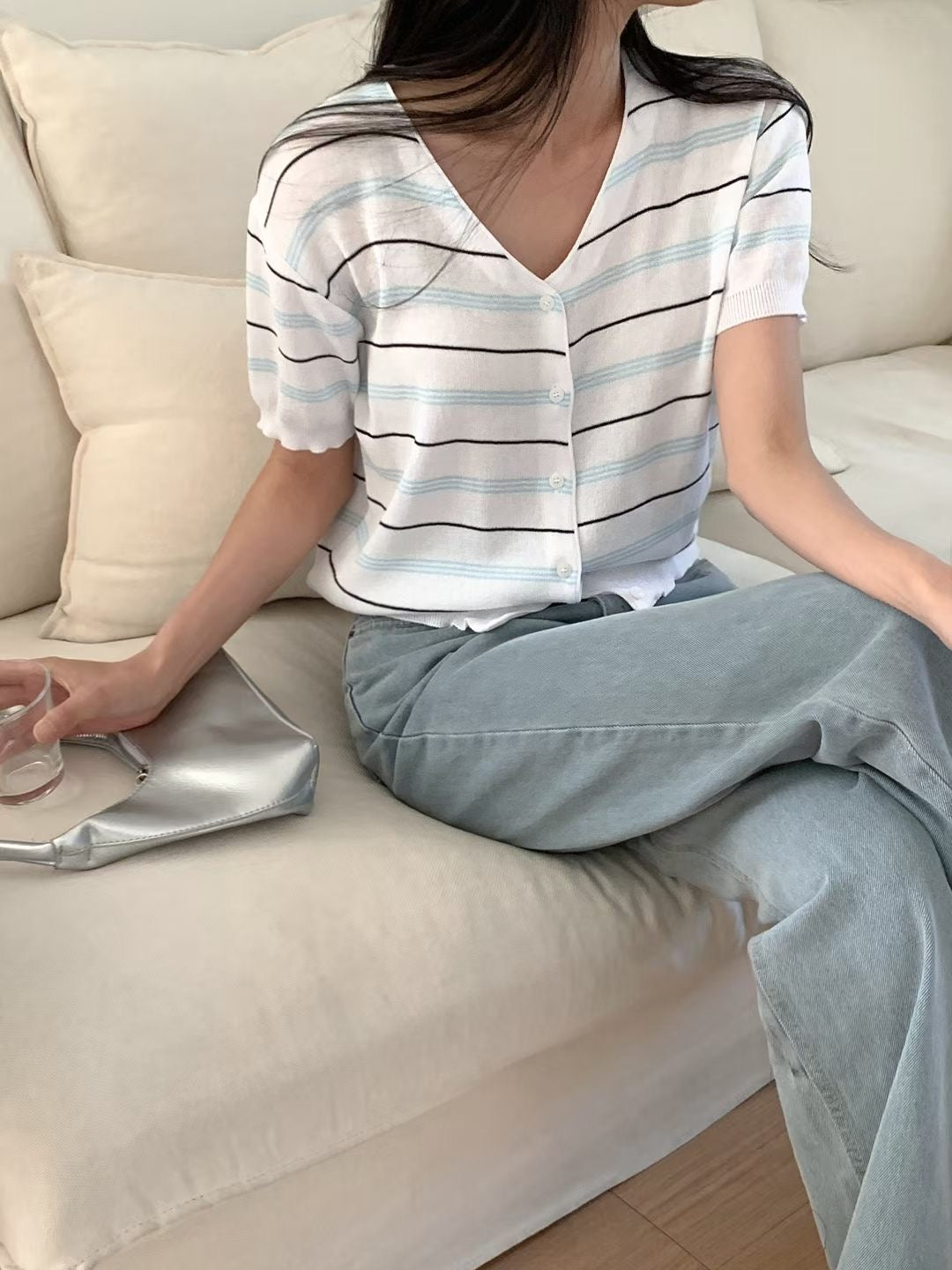 V-Neck Fresh Striped Knit Cardigan(4 colors)