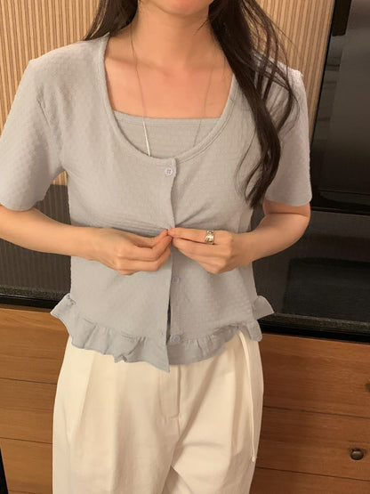 Romantic Petal-Embossed Ruffled Camisole Sets(2 Colors)