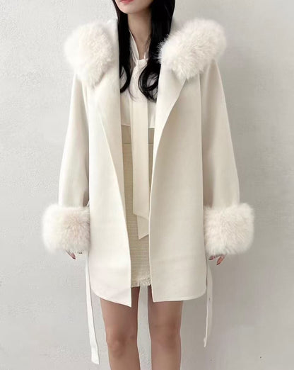 ［40% WOOL］Cozy Faux Fur Collar Warm Coat