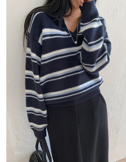 Lapel Striped Sweater(3 colors)