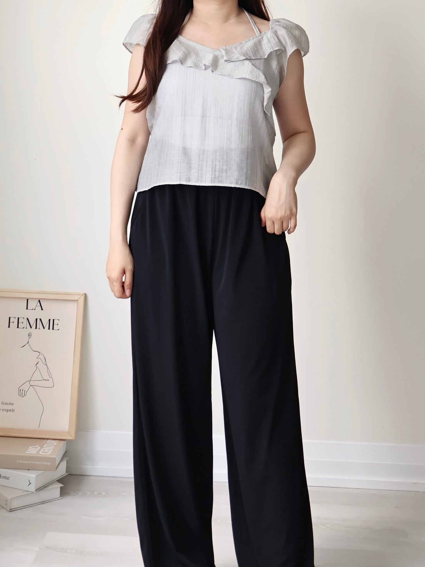 [2-way] Airy Ruffle Halter Tencel Blouse(Light grey)