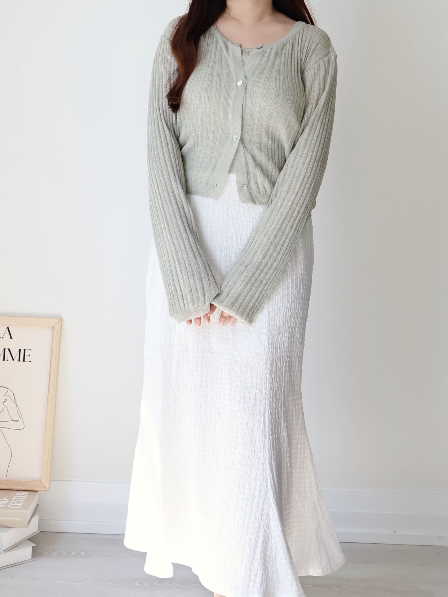 Breezy Cooling Linen Cami + Shell Button Cardigan Set(Matcha)