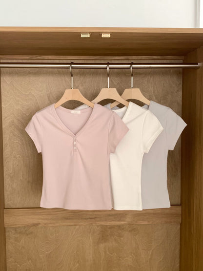 Minimalist V-Neck Button-Up Cotton Tee(3 Colors)