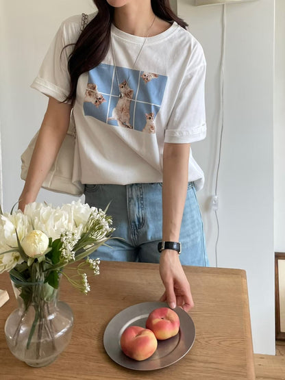 Oversized Cats Graphic Cotton T-Shirt(3 Colors)
