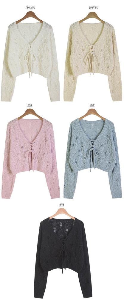 V-Neck Pointelle Tie-Front Knit Cardigan(5 colors)
