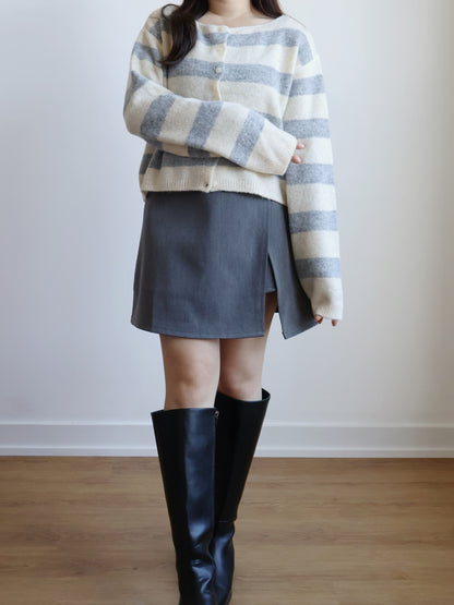 [10% WOOL] Raccoon Striped Cardigan(Light grey)