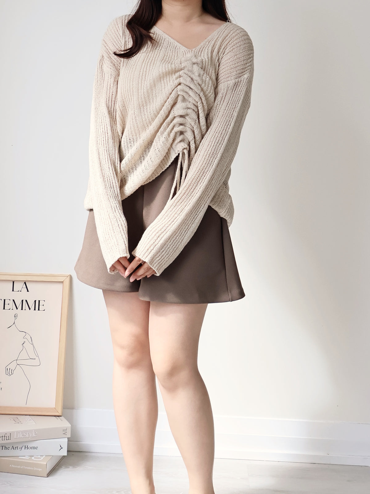 Effortless Drawstring Relaxed-Fit Knit Top(Beige)