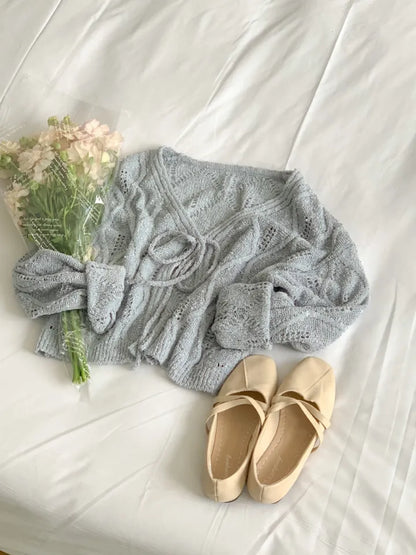V-Neck Pointelle Tie-Front Knit Cardigan(5 colors)