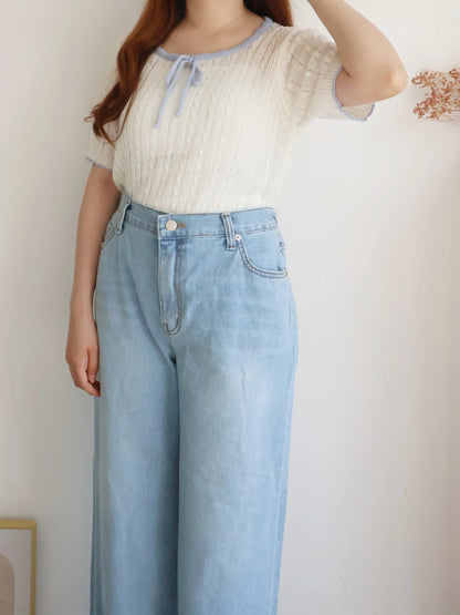Romantic Square-Neck Contrast-Trim Bow Cable Knit Top(Ivory)